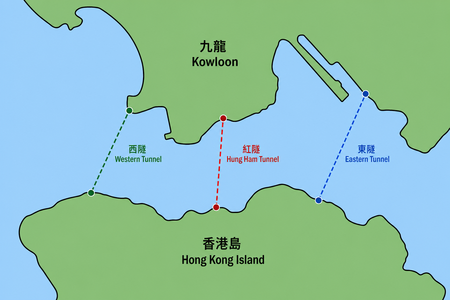 Map of Hong Kong’s three cross-harbor tunnels